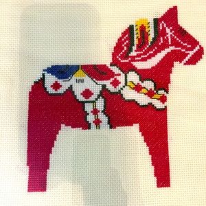 Professionally Framed Hand Cross Stitched Horse 12”x12” Red Cream Blue Yellow